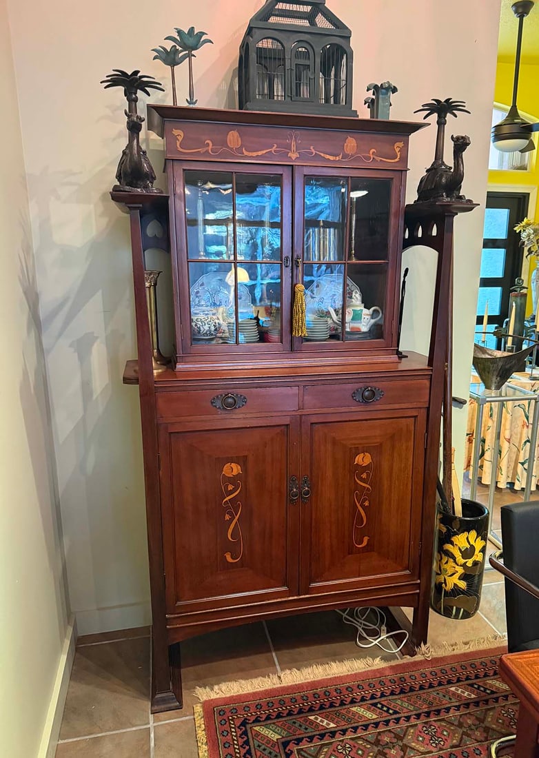 ENGLISH ART NOUVEAU INLAID MAHOGANY CABINET (1 of 6)