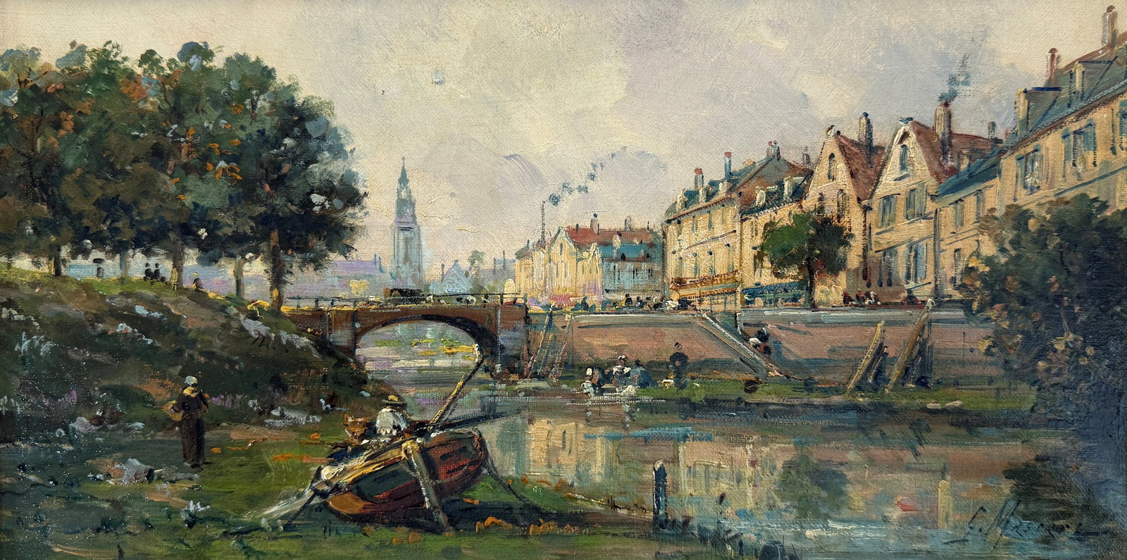 GUSTAVE MASCART "LE CANAL DE GRAND" PAINTING: MASCART, Gustave, (French, 1834-1914): "Le Canal de Grand", Oil/Canvas, 8.5" x 16", signed lower right, framed, 16" x 23.5".