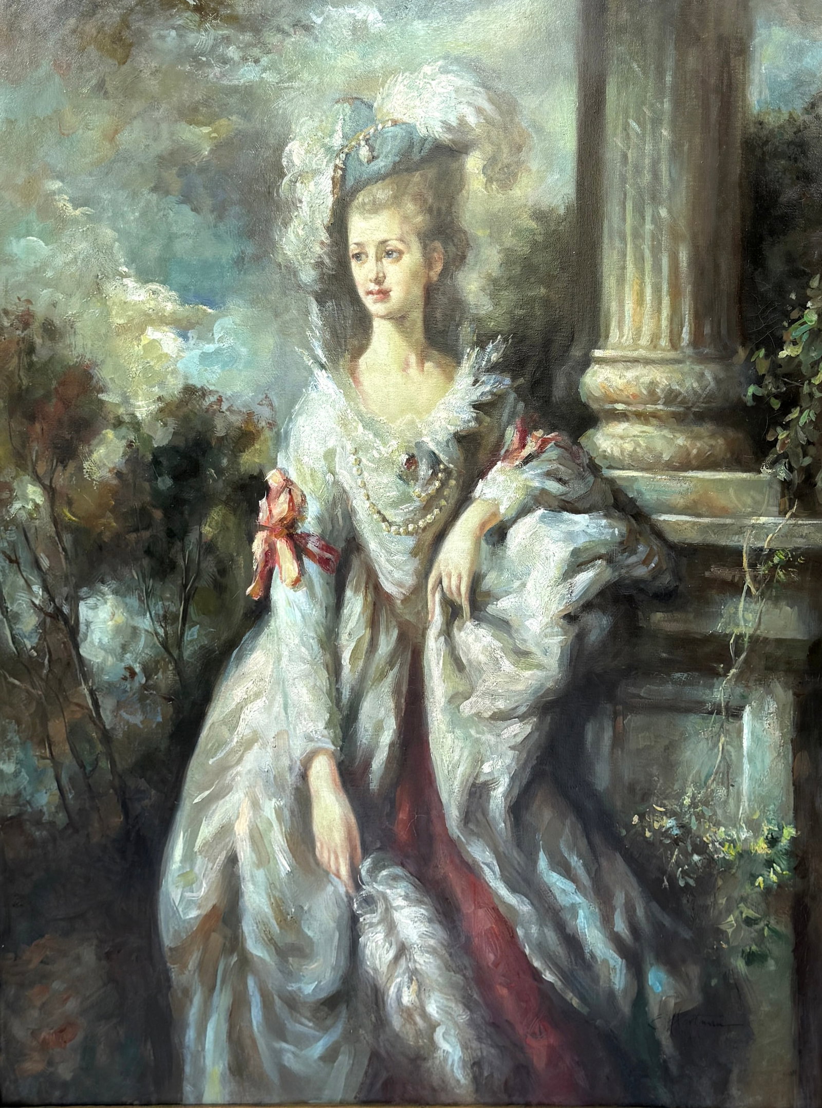 FULL LENGTH PORTRAIT PAINTING OF A SOCIETY WOMAN: FULL LENGTH PORTRAIT PAINTING OF A SOCIETY WOMAN: Oil/Canvas, 40" x 30", signed "E. Hartmann" lower right, encased in a massive ornate carved and gilded frame, 55.25" x 45.5".