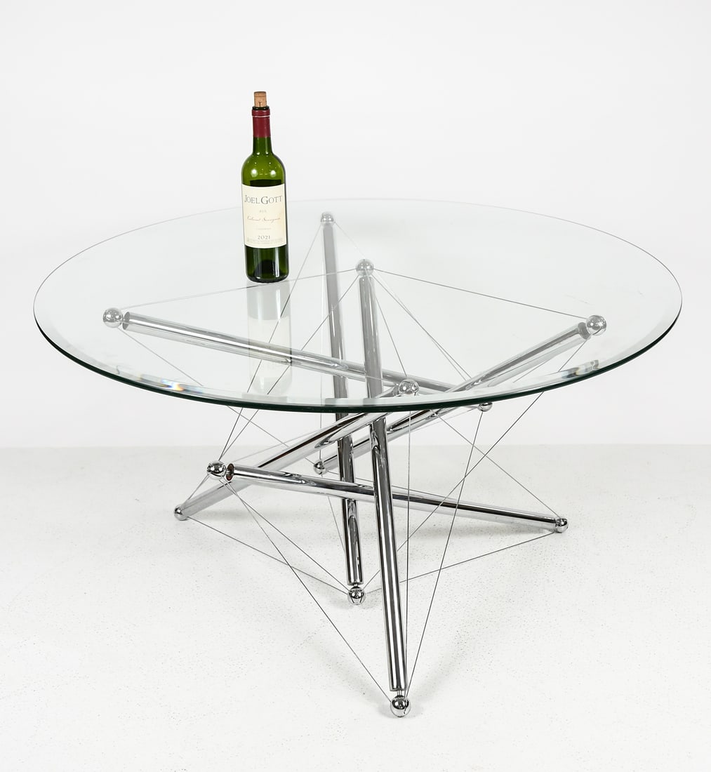 TENSEGRITY TABLE FOR CASSINA MODEL 714: TENSEGRITY TABLE FOR CASSINA MODEL 714: Theodore Waddell for Cassina Model 714 Tensegrity Coffee Table with a Tubular & Steel Cable base. Surmounted by a beveled Glass top. Approx. 24.25" h x 44.25"