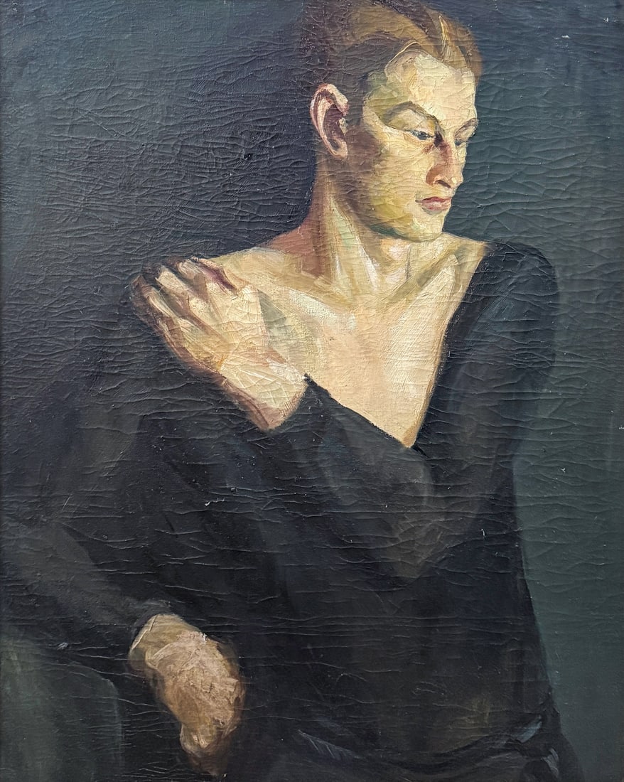 PENSIVE BALLET DANCER PORTRAIT PAINTING: PENSIVE BALLET DANCER PORTRAIT PAINTING: Oil/Canvas, 33.75" x 27.125", no visible signature, painted frame, 38.75" x 32".
