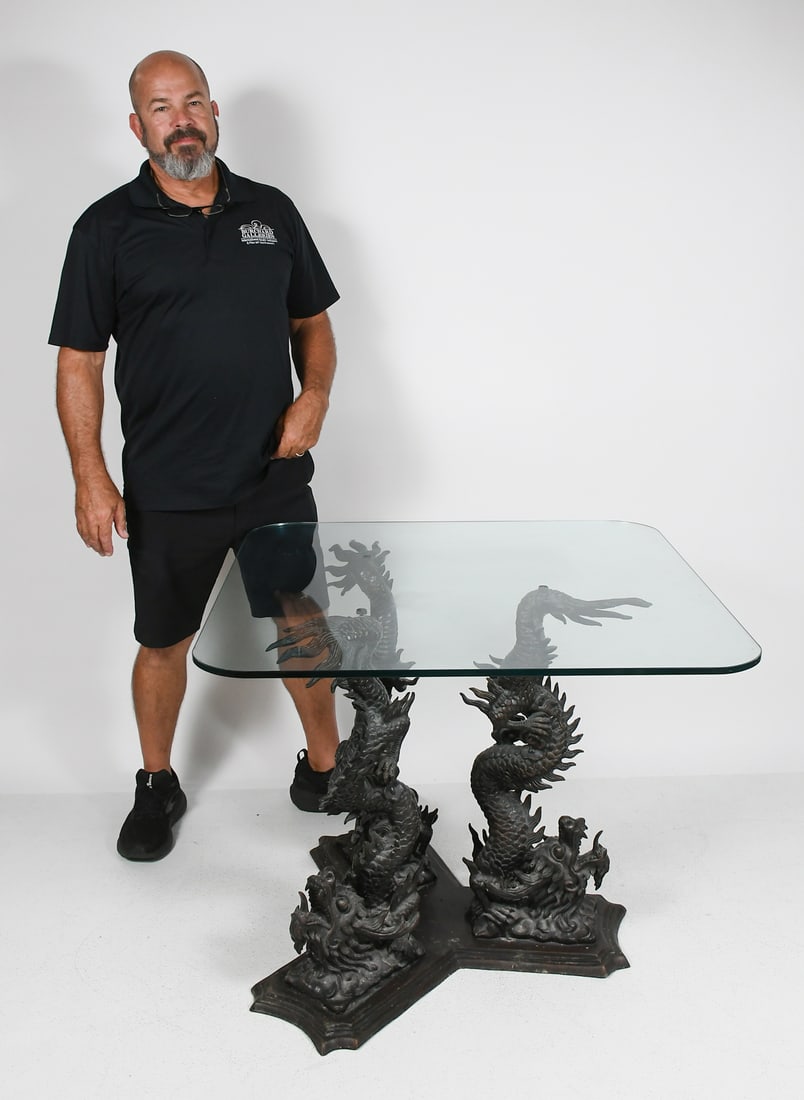 GLASS TOP PATINATED METAL TRIPLE DRAGON TABLE (1 of 4)