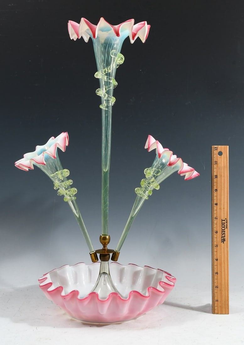 VICTORIAN CRANBERRY & VASELINE GLASS EPERGNE (1 of 4)
