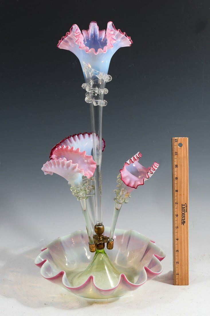 VICTORIAN CRANBERRY & VASELINE GLASS EPERGNE (1 of 4)