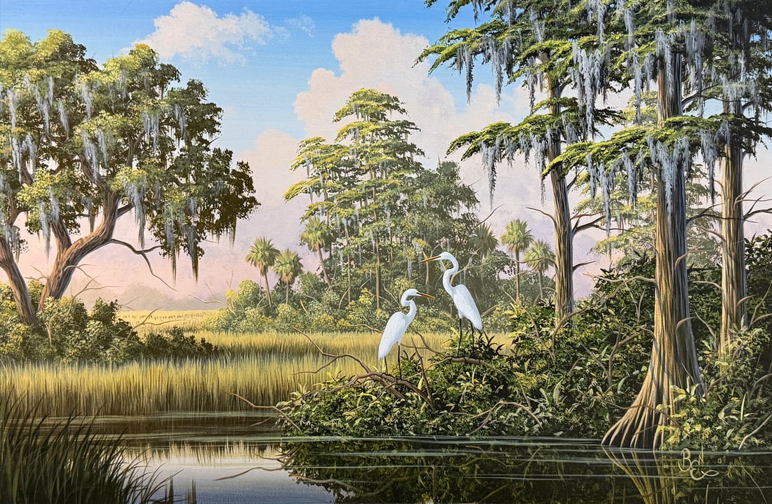 BEN ESSENBURG MARSH LANDSCAPE WITH EGRETS PAINTING (1 of 4)