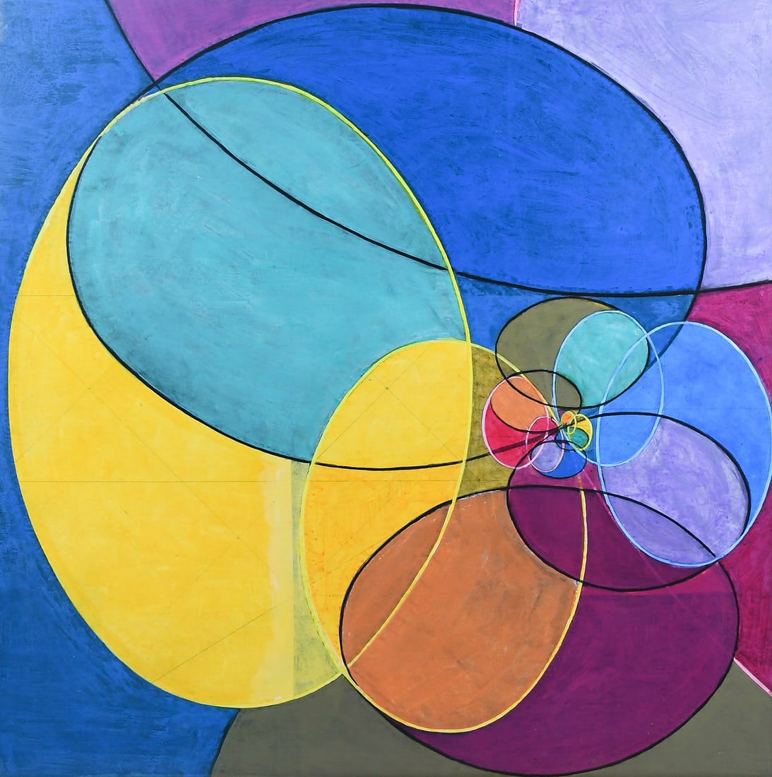 BENNY COLLIN ABSTRACT WATERCOLOR PAINTING: COLLIN, Benny, (Danish/American, 1896-1980): Abstract Composition of Multi-Colored Ellipses, Watercolor, sight size 38.25" x 38.25", no visible signature, black vinyl framing, 42.5" x 42.375".