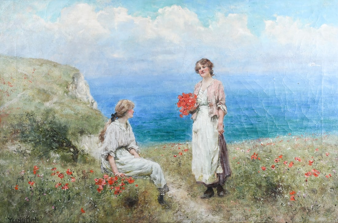 HENRY YEEND-KING GATHERING POPPIES PAINTING: YEEND-KING, Henry John, (English, 1855-1924): "On The South Coast - Gathering Poppies", Oil/Canvas, 18" x 28", signed lower left, carved gesso frame, 26.5" x 36.375". Old labels affixed verso.