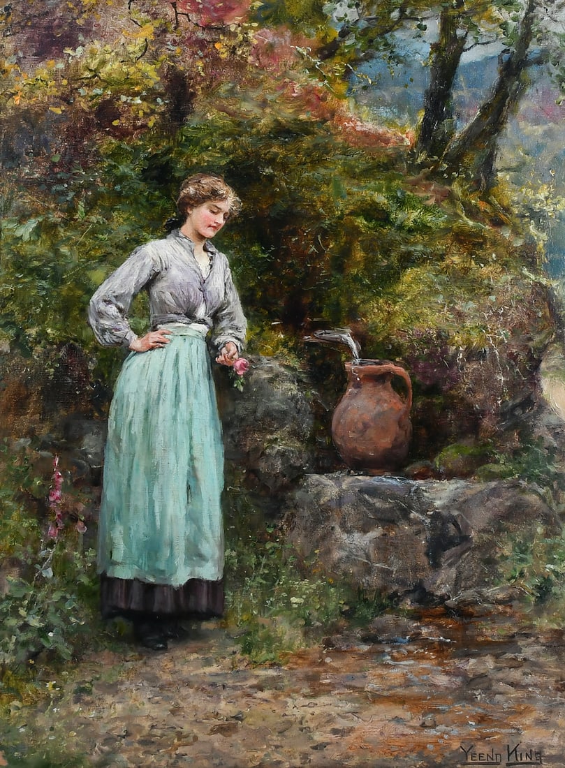 HENRY YEEND-KING "AT THE WELL" PAINTING: YEEND-KING, Henry John, (English, 1855-1924): "At the Well", Oil/Canvas, 24" x 18", signed lower right, carved gesso frame, 30" x 24.25". Old label affixed verso.
