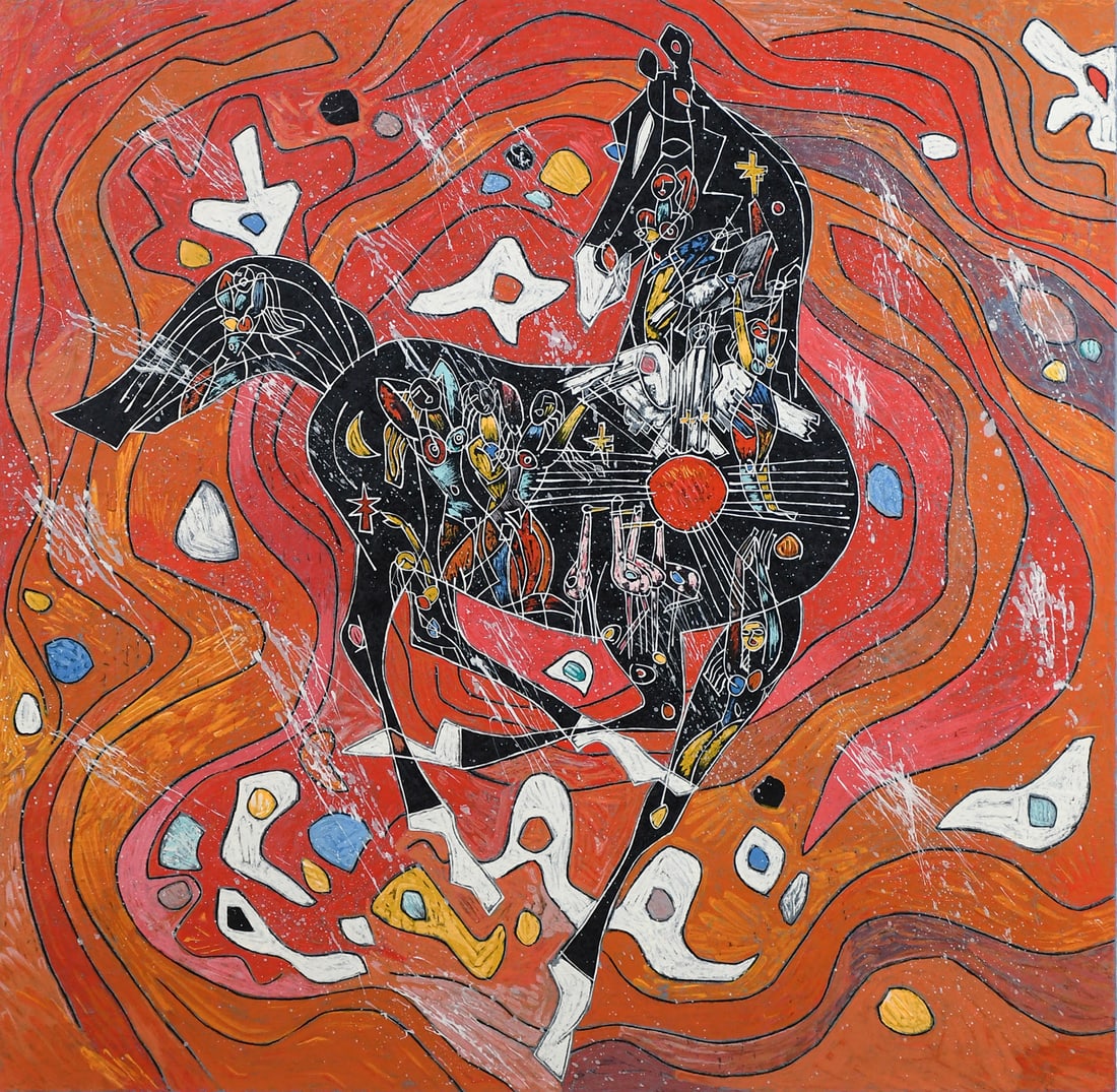 LARGE TIEFANG JIANG "BLACK HORSE" SERIGRAPH: JIANG, Tiefang, (Chinese, b. 1938): "Black Horse", Serigraph, sight size 27.5" x 27.75" with margins, pencil signed lower right, numbered I/LXXV lower left, fine custom framing, 45" x 44.75".
