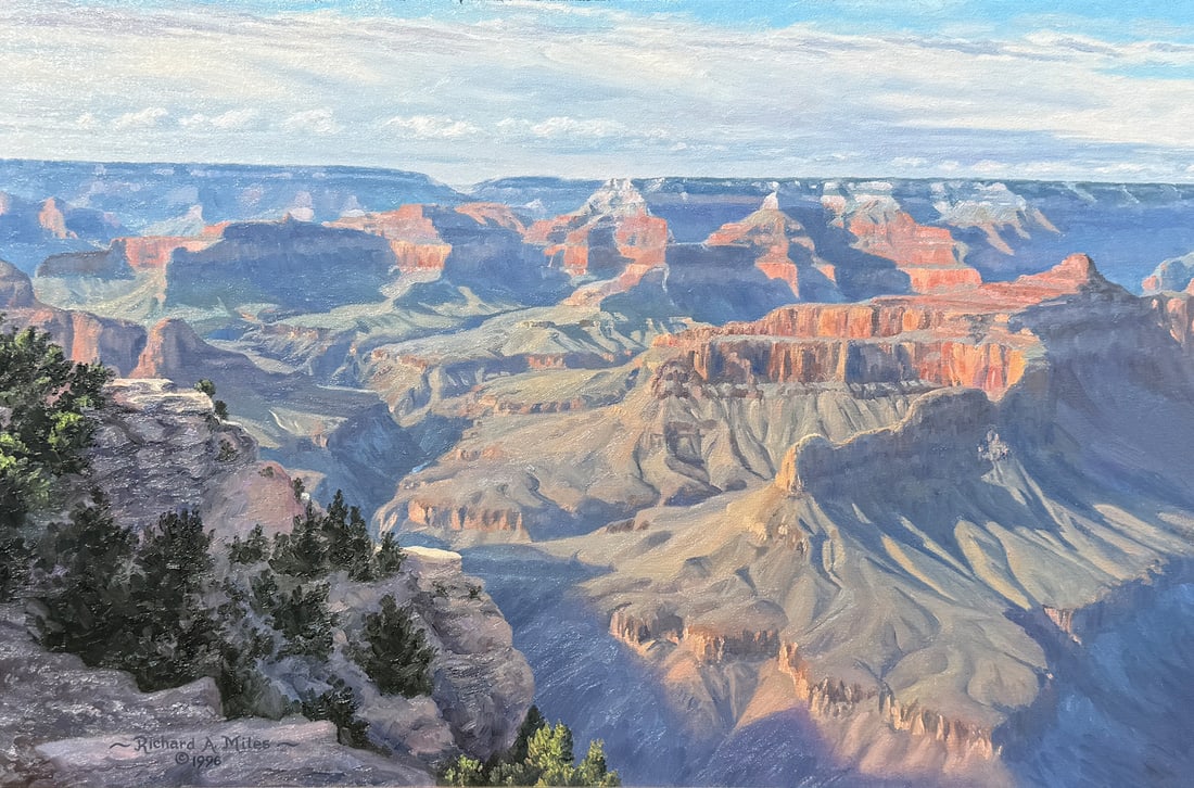 RICHARD MILES GRAND CANYON LANDSCAPE PAINTING: MILES, Richard A., (American, b. 1938): "Evening - Pima Point", Oil/Canvas, 20" x 30", signed lower left and dated 1996, also titled verso with additional signature and dated "Jan' 96", painted wood f