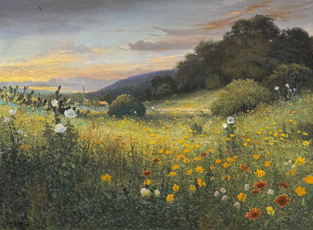 LARGE JOHN BARGER FIELD OF FLOWERS PAINTING: BARGER, John, (American, b. 1953): Wooded Landscape with Large Field of Flowers and a Homestead in the Distance, Oil/Canvas, 30" x 40", signed lower left, carved frame, 38.375" x 48.25".