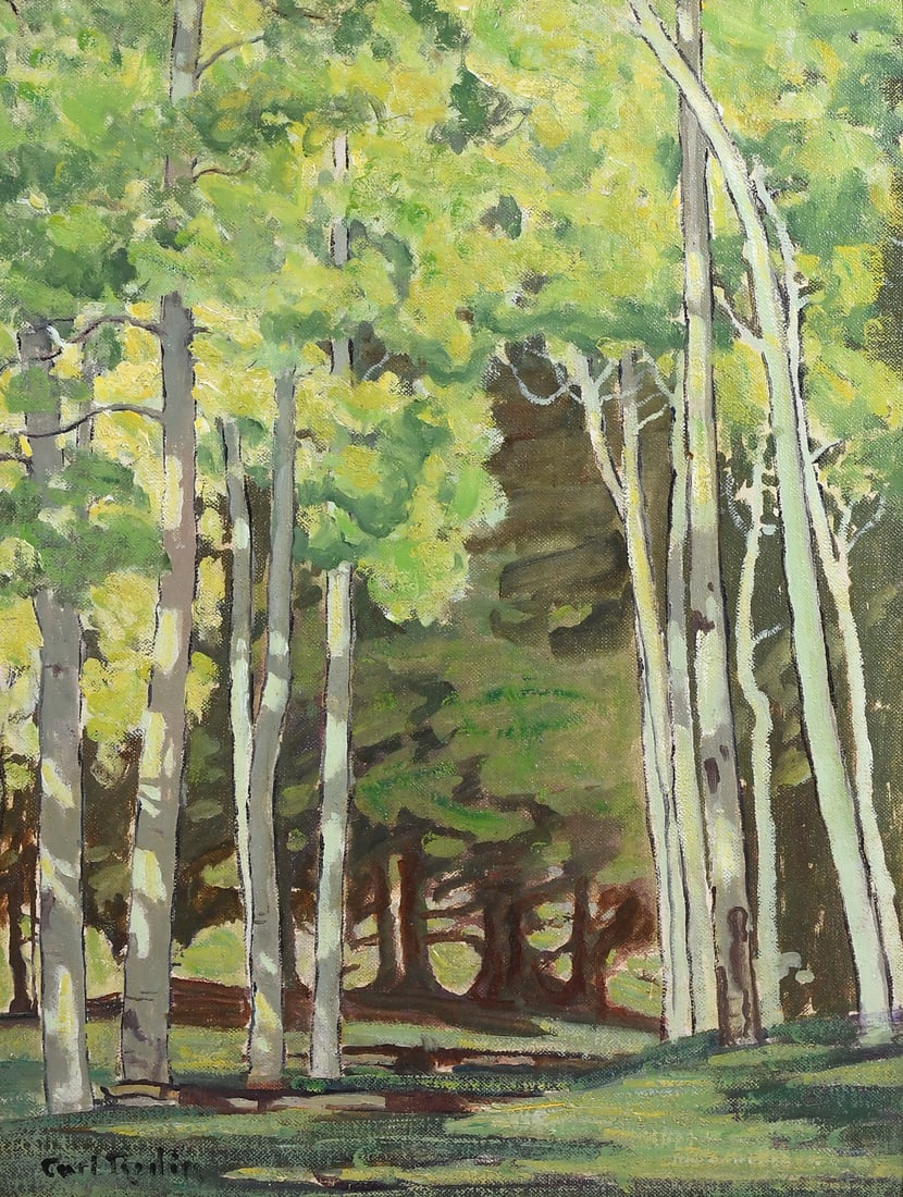 CARL REDIN "ASPEN GROVE" LANDSCAPE PAINTING: REDIN, Carl, (Swedish/American, 1892-1944): "Aspen Grove", Oil/Canvas mounted to Panel, 15" x 11.875", signed lower left, framed, 18.25" x 15". Old label affixed verso from Santa Fe Art Auction Limite