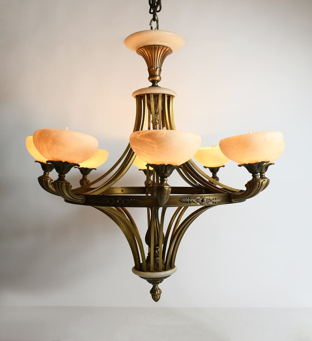 SPANISH BRASS & ALABASTER 8- LIGHT CHANDELIER (1 of 6)