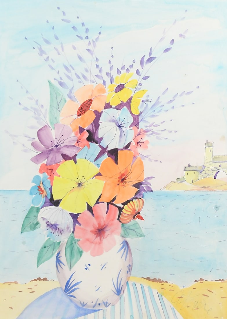 CHARLES LEVIER FLORAL STILL LIFE WATERCOLOR: LEVIER, Charles, (French, 1920-2003): Vase of Colorful Flowers on a Beachside Table, Watercolor, sight size 27.75" x 20.125", signed lower right, matted and framed, 39.125" x 30.625".