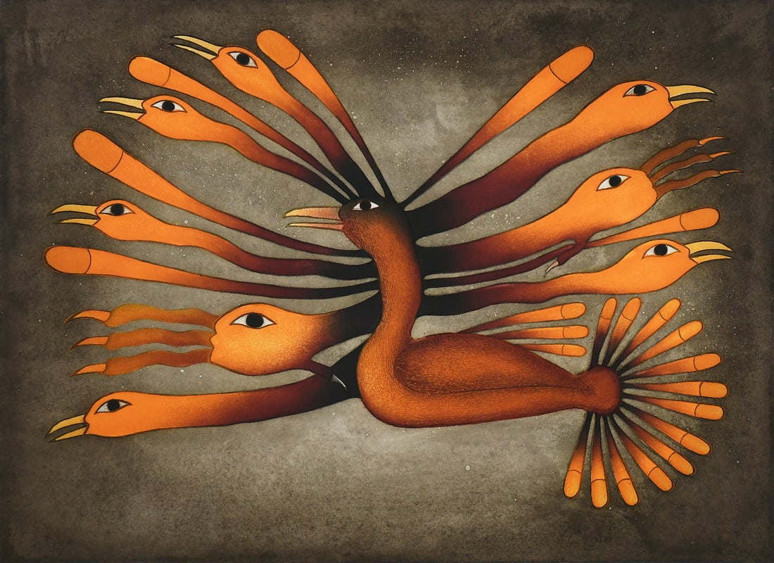 KENOJUAK ASHEVAK "INTO THE LIGHT" ETCHING: ASHEVAK, Kenojuak, (Inuit/Canadian, 1927-2013): "Into the Light", Etching with Aquatint, 31.5" x 39", titled lower left with medium, numbered 72/100 lower mid-margin, pencil signed and dated "Dorset 1