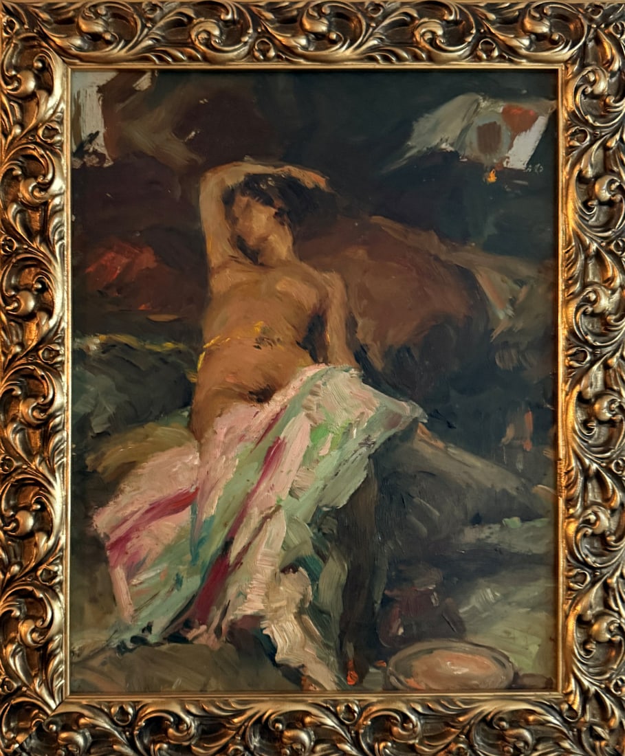 RICHARD DURANDO IMPRESSIONIST STYLE RECLINING NUDE: DURANDO-TOGO, Richard, (Argentinian, 1910-1970): Impressionist-Style Reclining Nude, Oil/Board, 16" x 12.625", no visible signature, framed, 19.25" x 15.75".