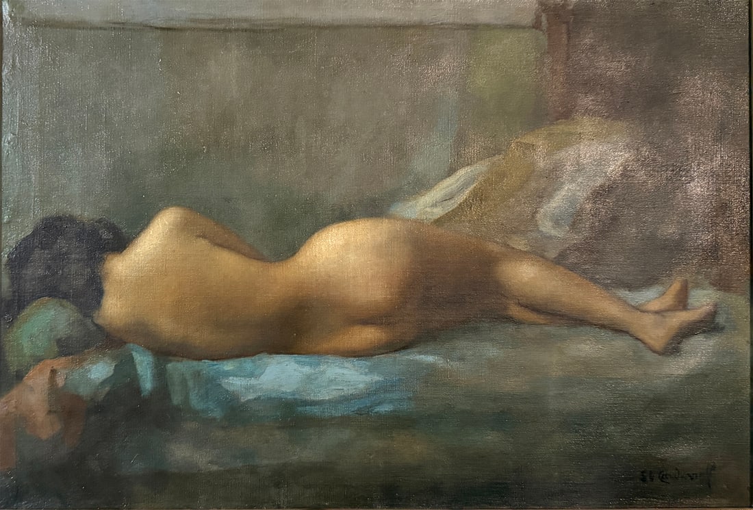 EMILE CARDINAL "NU ALLONGE" NUDE BEAUTY PAINTING: CARDINAL, Emile Valentin, (French, 1883-1958): "Nu Allonge", Female Nude Lying on Blue Drapery, Oil/Canvas, 19.75" x 28.75", signed lower right, framed, 23.25" x 32.375".