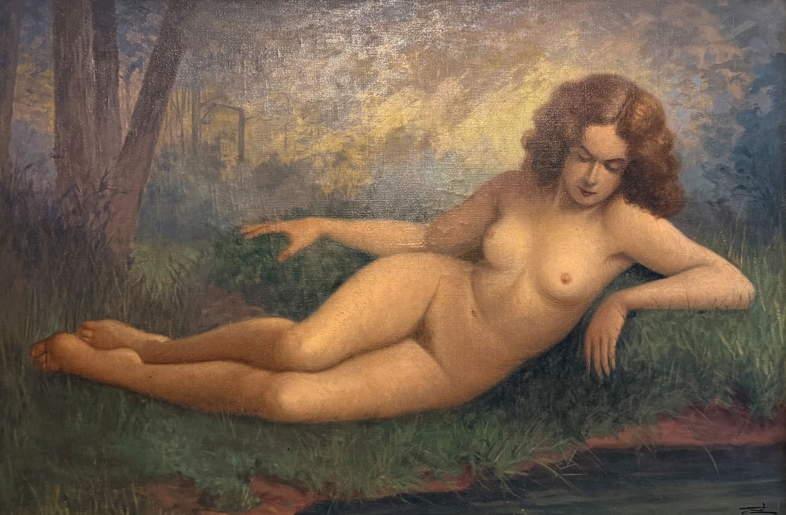 JEAN JANNEL OUTDOOR RECLINING NUDE PAINTING: JANNEL, Jean, (French, 20th Century): Nude Brunette Beauty Lying in a Secluded Wood, Oil/Canvas, 21" x 32", signed lower right, ornate frame, 28.375" x 39".