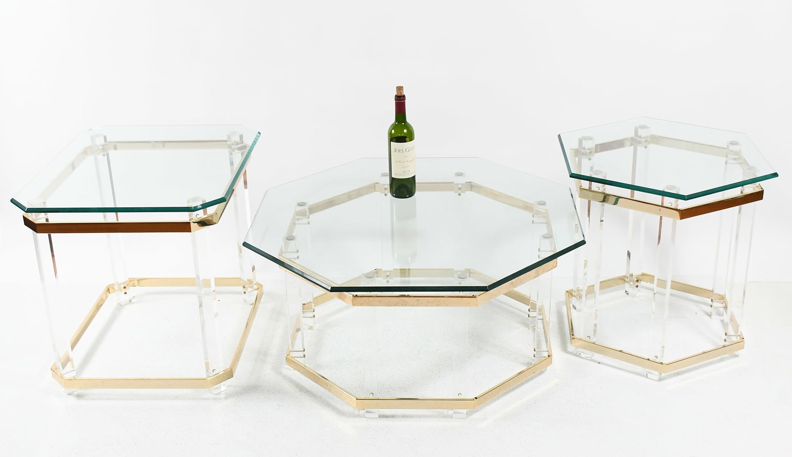 3 HOLLIS JONES BRASS & LUCITE GLASS TOP TABLES (1 of 4)