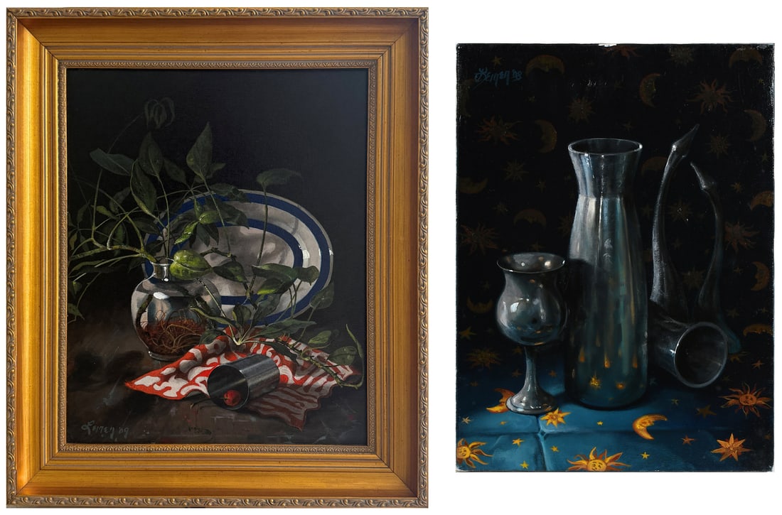 TWO DONALD LEIRER STILL LIFE PAINTINGS: LEIRER, Donald, (American, 20th Century): 1) "Cherry Red", Acrylic/Canvas, 20" x 16", signed lower left and dated '09, titled verso, framed, 25.5" x 21.5". 2) Still Life of a Chalice, Vase, Cup, and T