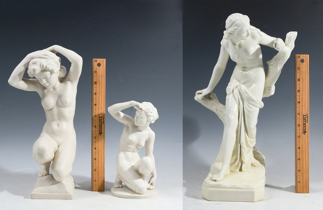 3PC. NUDE PORCELAIN FIGURES: 3PC. NUDE PORCELAIN FIGURES: 1) Two recumbent Hutschenreuther Nude Female Bisque Porcelain Sculptures. Largest Approx. 13.5" h x 6.5" w x 6" d; 2) Wedgwood Neoclassical Porcelain Nude Female resting u