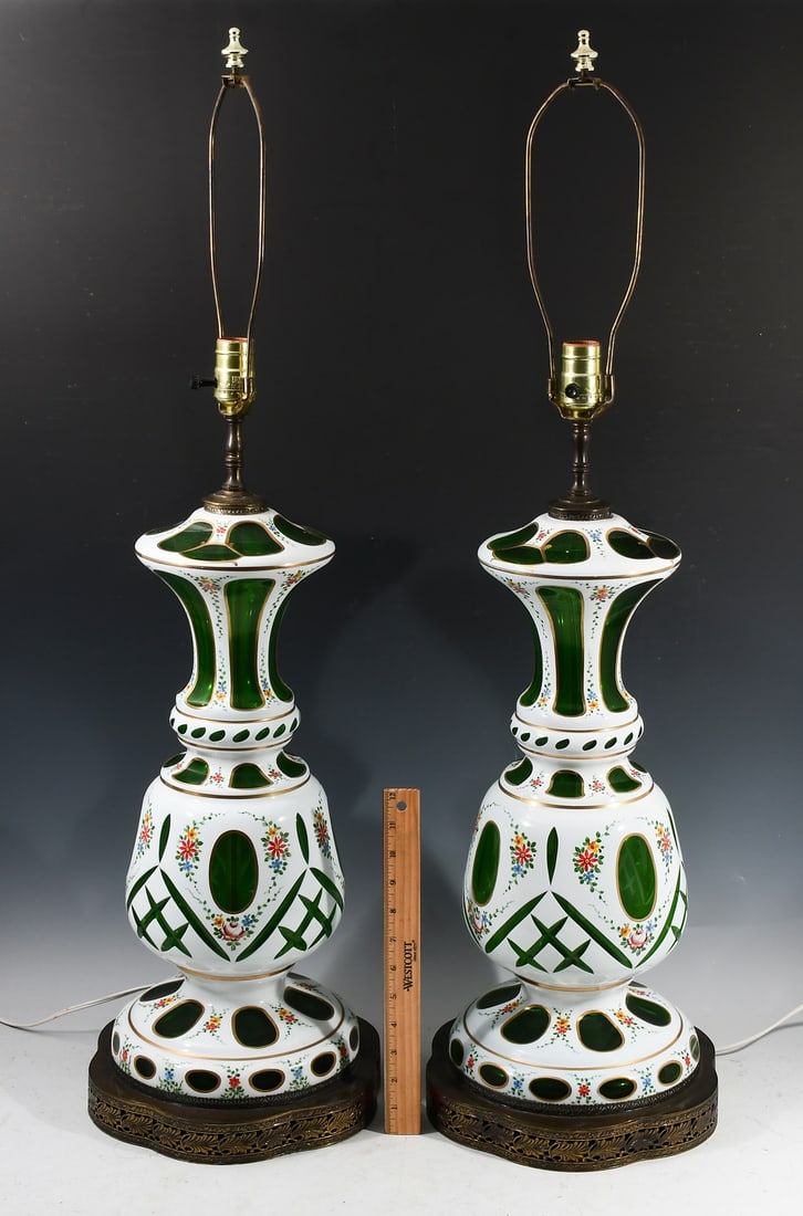 PAIR BOHEMIAN LARGE CUT TO EMERALD GREEN LAMPS: PAIR BOHEMIAN LARGE CUT TO EMERALD GREEN LAMPS: