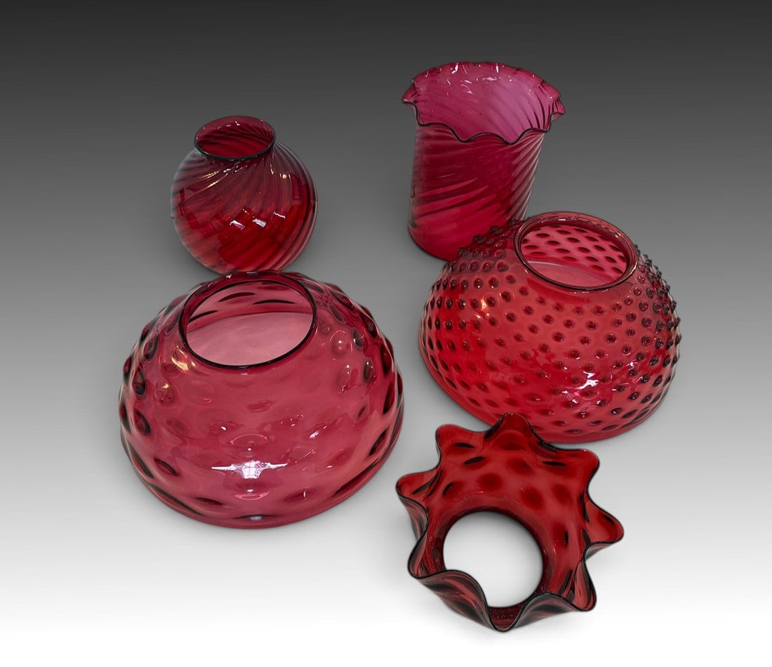 5 CRANBERRY ART GLASS CHANDELIER & LAMP SHADES (1 of 3)