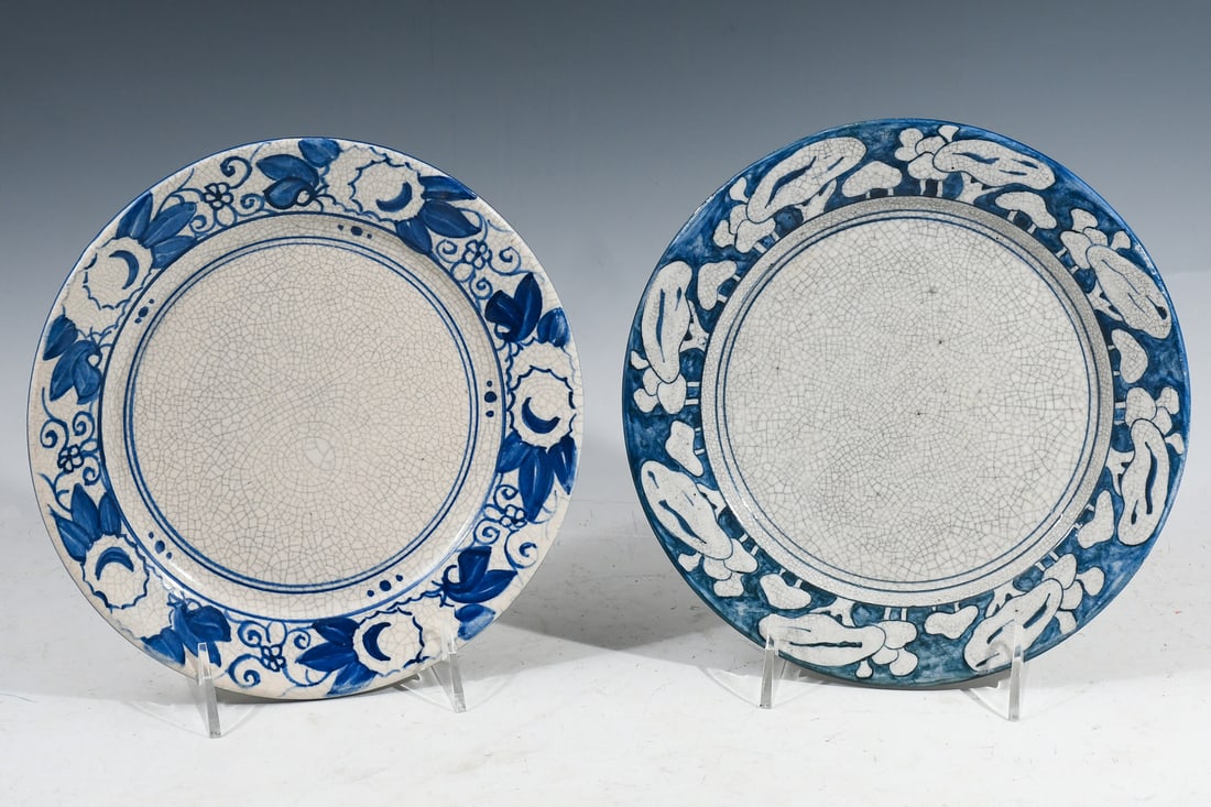 2 PC. DEDHAM, MASS. DEDHAM POTTERY PLATES: 2 PC. DEDHAM, MASS. DEDHAM POTTERY PLATES: Comprising; 1- Stylized Tree motif Plate, & 1- Stylized Fruit/Berry motif Plate. Both in a crackled glaze and bear blue Dedham Pottery stamps at the undersid