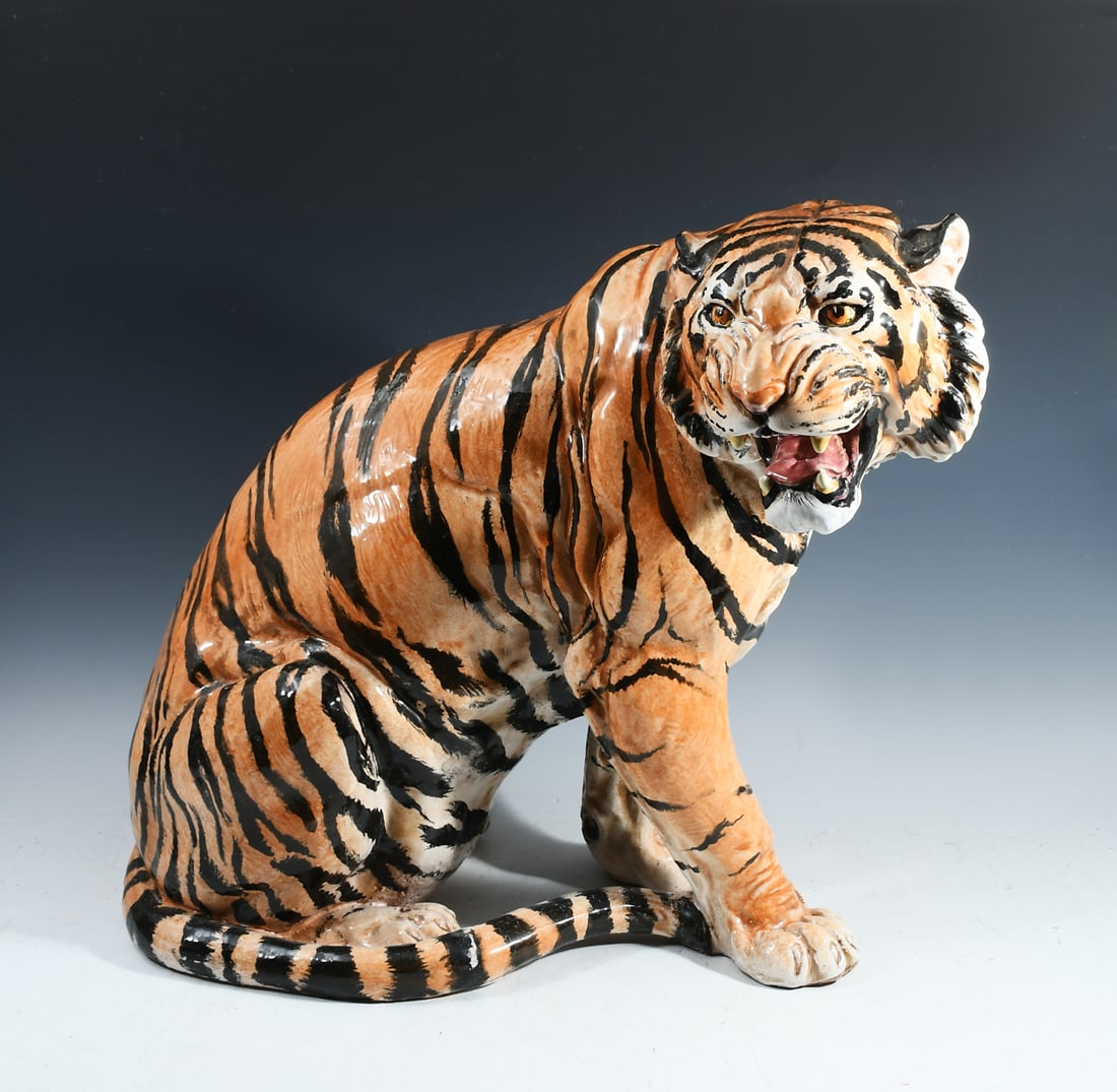 ITALIAN MAJOLICA TERRACOTTA TIGER STATUE: ITALIAN MAJOLICA TERRACOTTA TIGER STATUE: