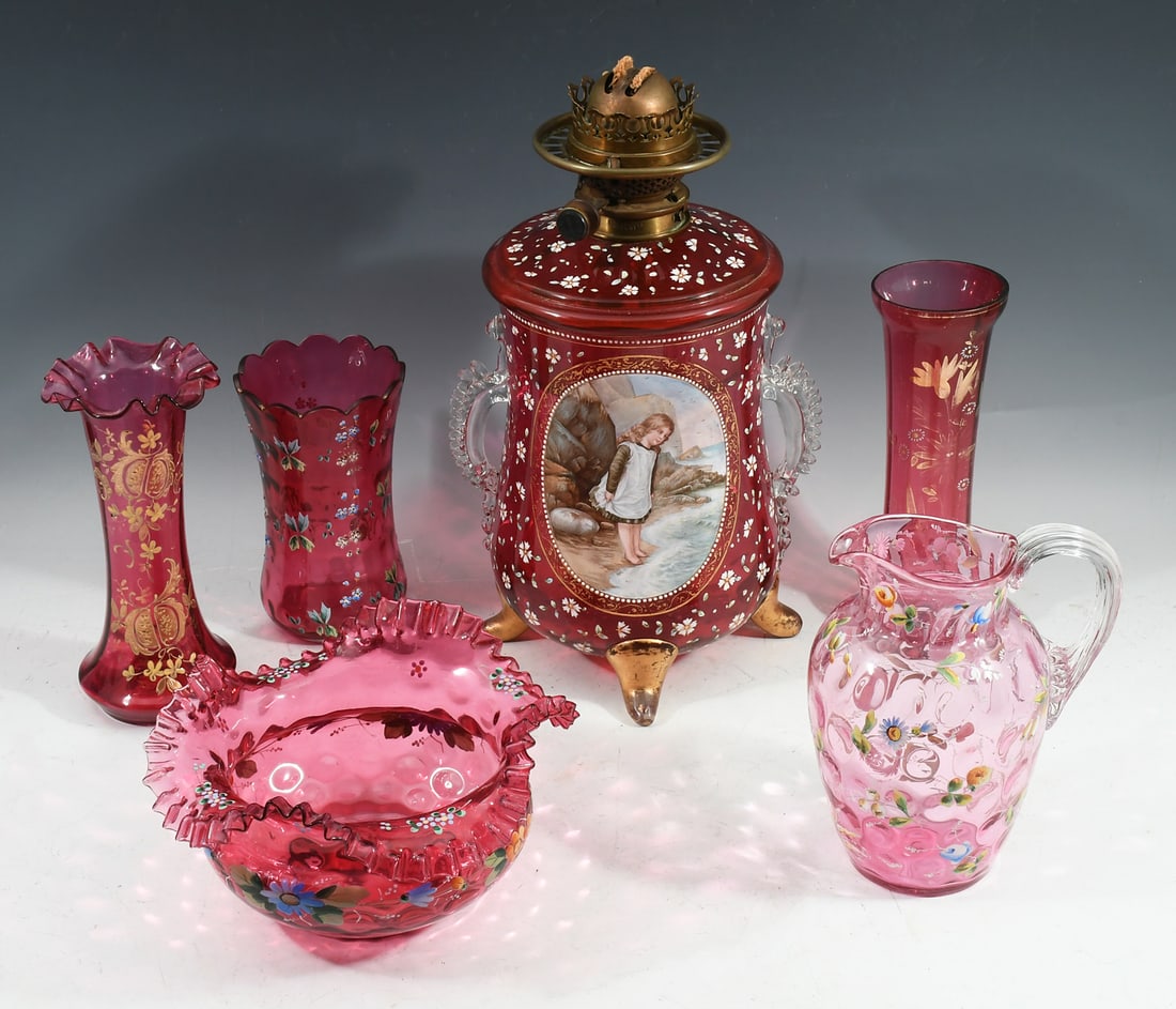 6 PC. ENAMELED GLASS LAMP, BOWL, PITCHER & VASES (1 of 4)