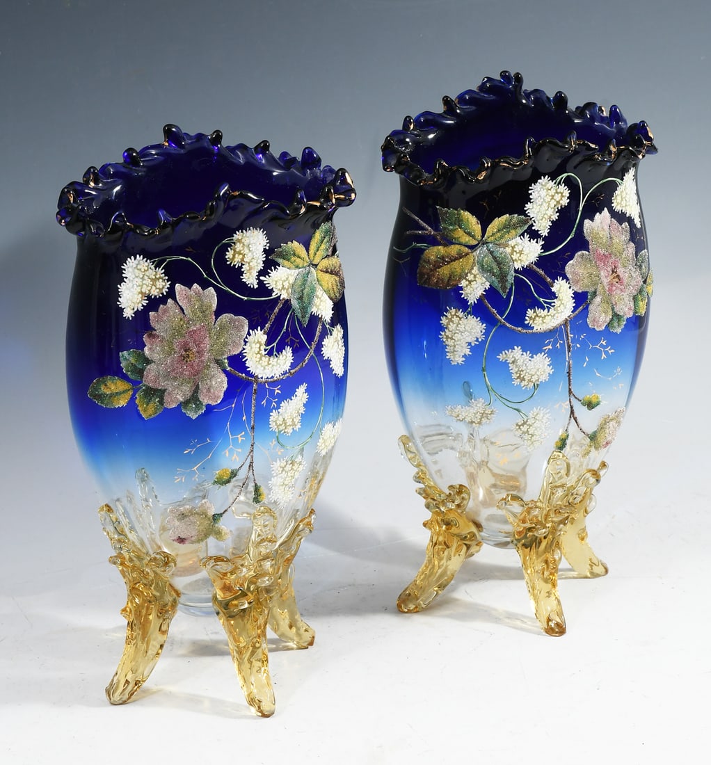 PAIR CORALENE DECORATED VICTORIAN ART GLASS VASES: PAIR CORALENE DECORATED VICTORIAN ART GLASS VASES: A fabulous pair of cobalt fading to clear glass vases with applied amber feet and ruffle rim. Coralene and enamel decoration. Approx. 11" h x 5.75" w
