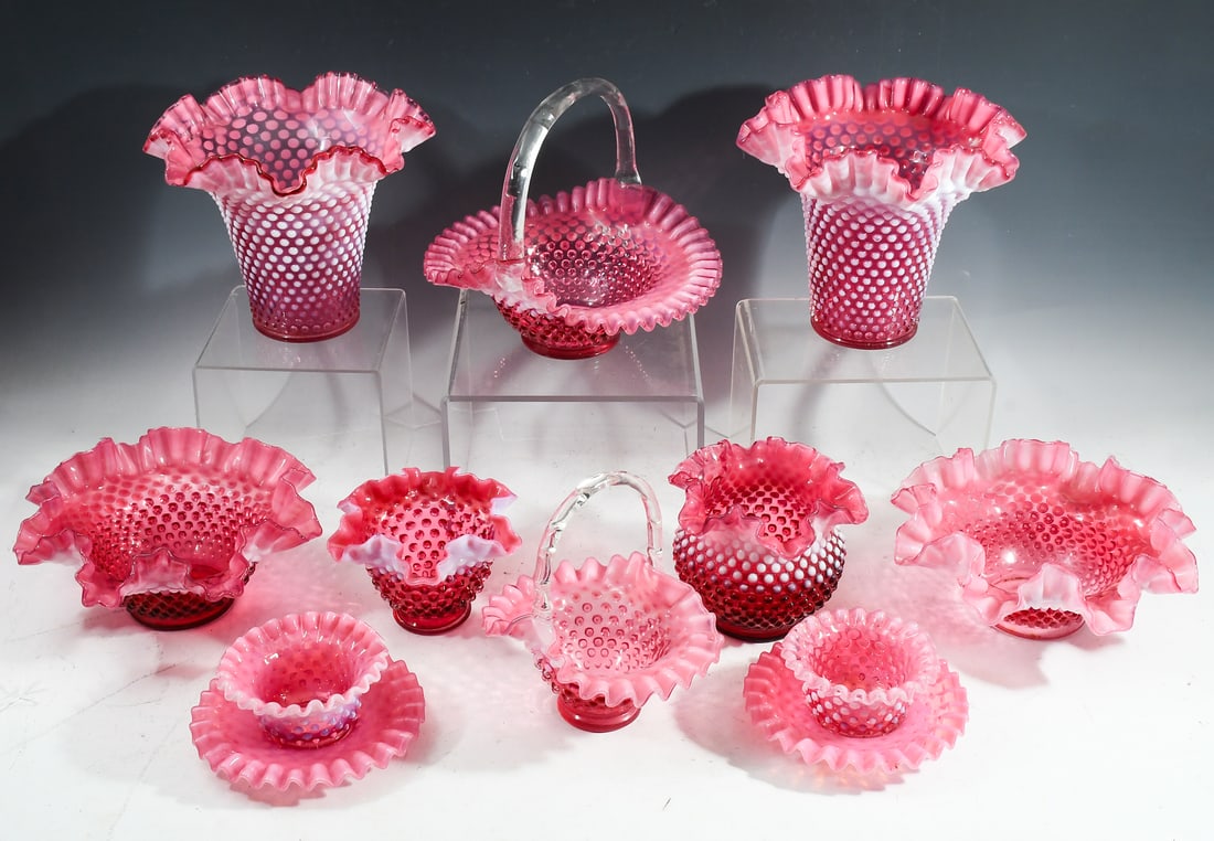 12 PC. FENTON OPALESCENT CRANBERRY HOBNAIL GLASS (1 of 4)