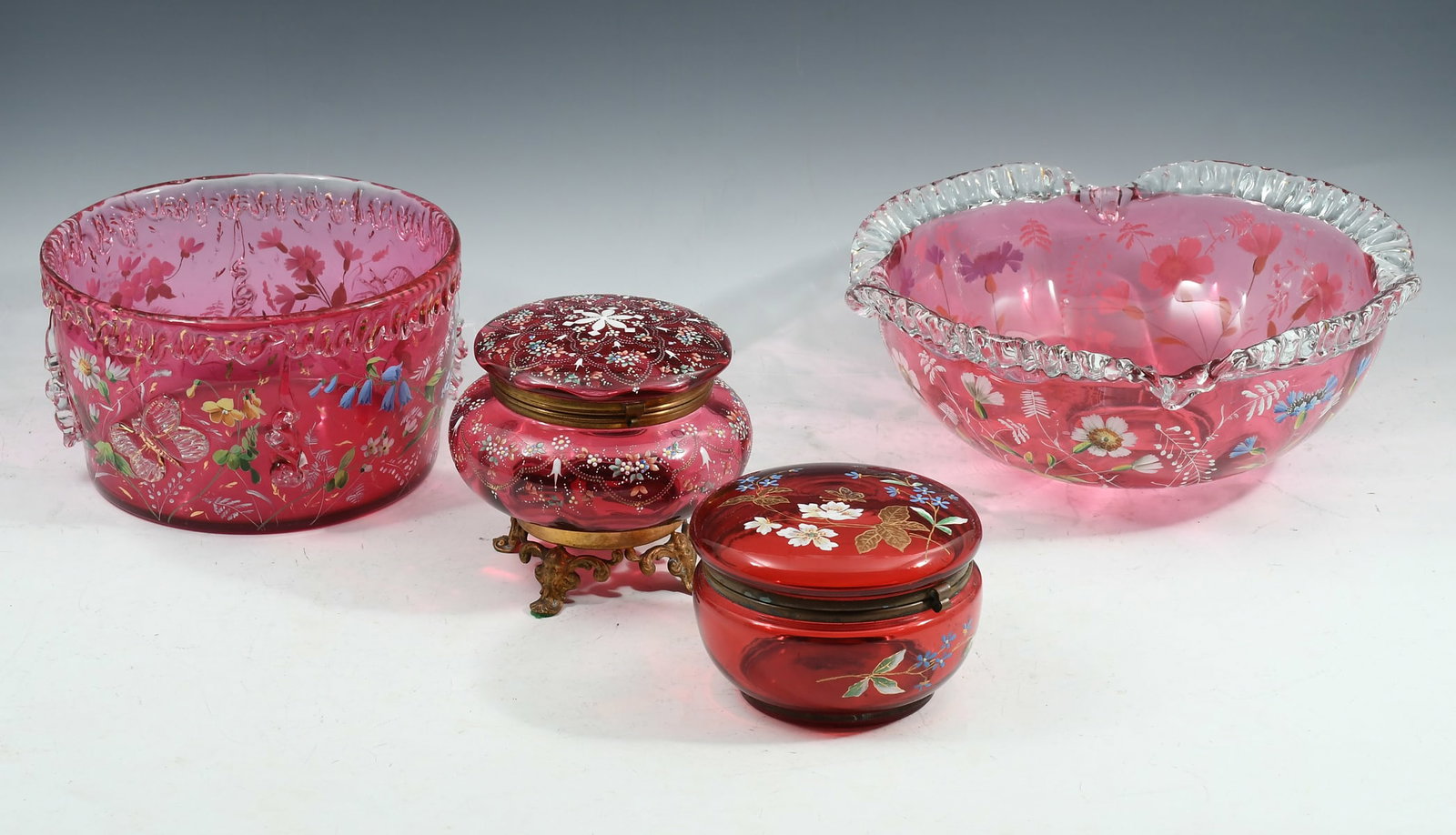 4 ENAMELED CRANBERRY GLASS DRESSER BOXES & BOWLS (1 of 1)