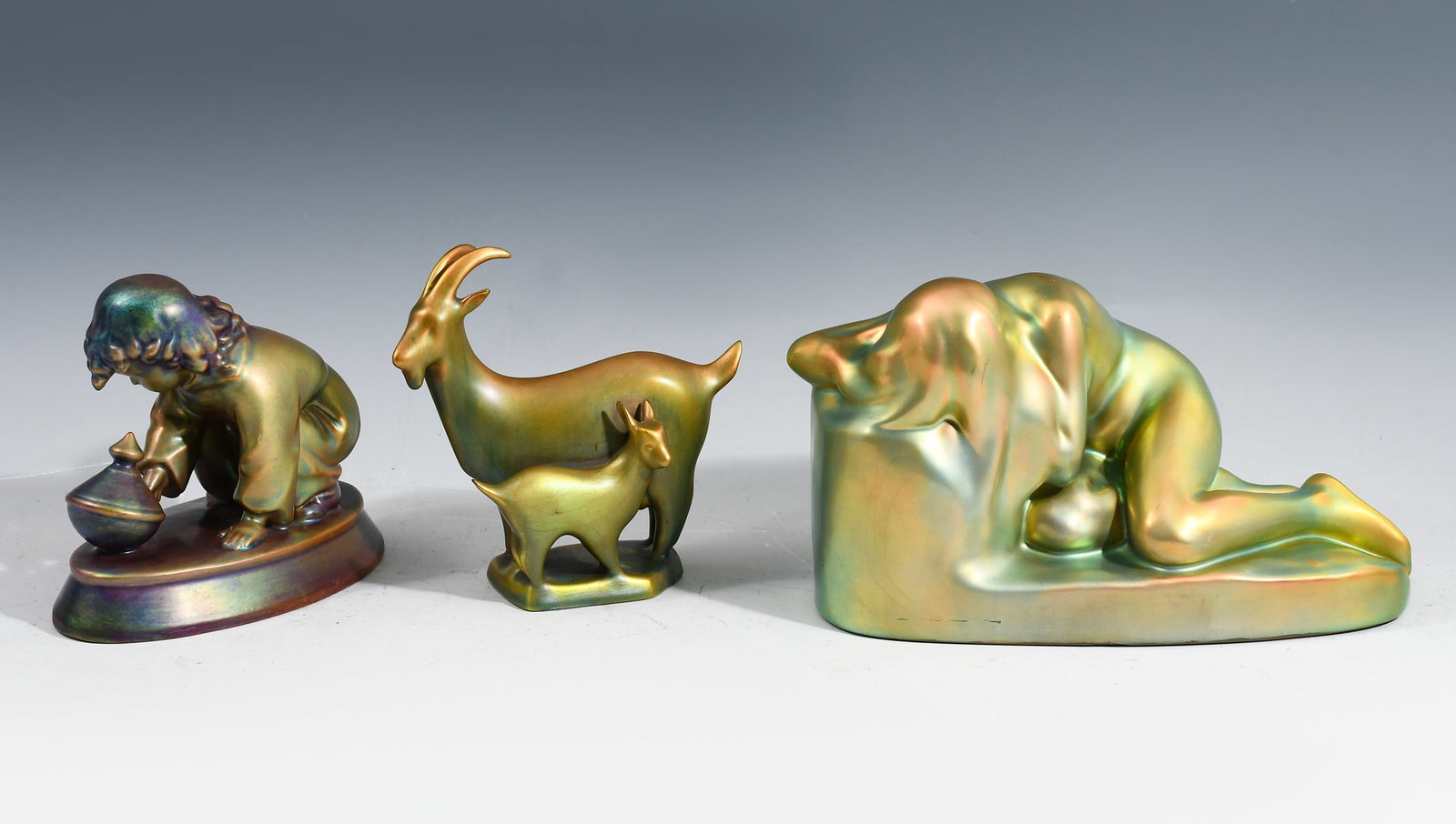 3 PC. ZSOLNAY EOSIN GLAZED PORCELAIN FIGURES