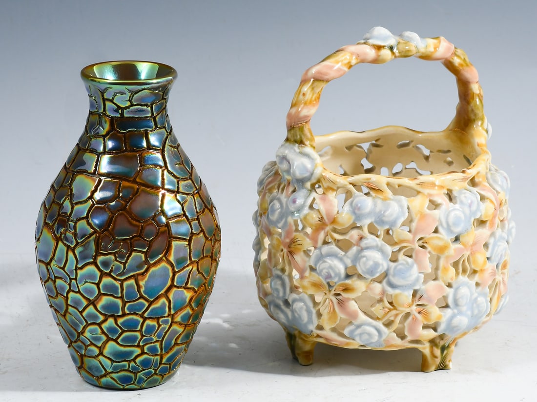 2 PC. ZSOLNAY EOSIN VASE AND ROSE BASKET (1 of 5)