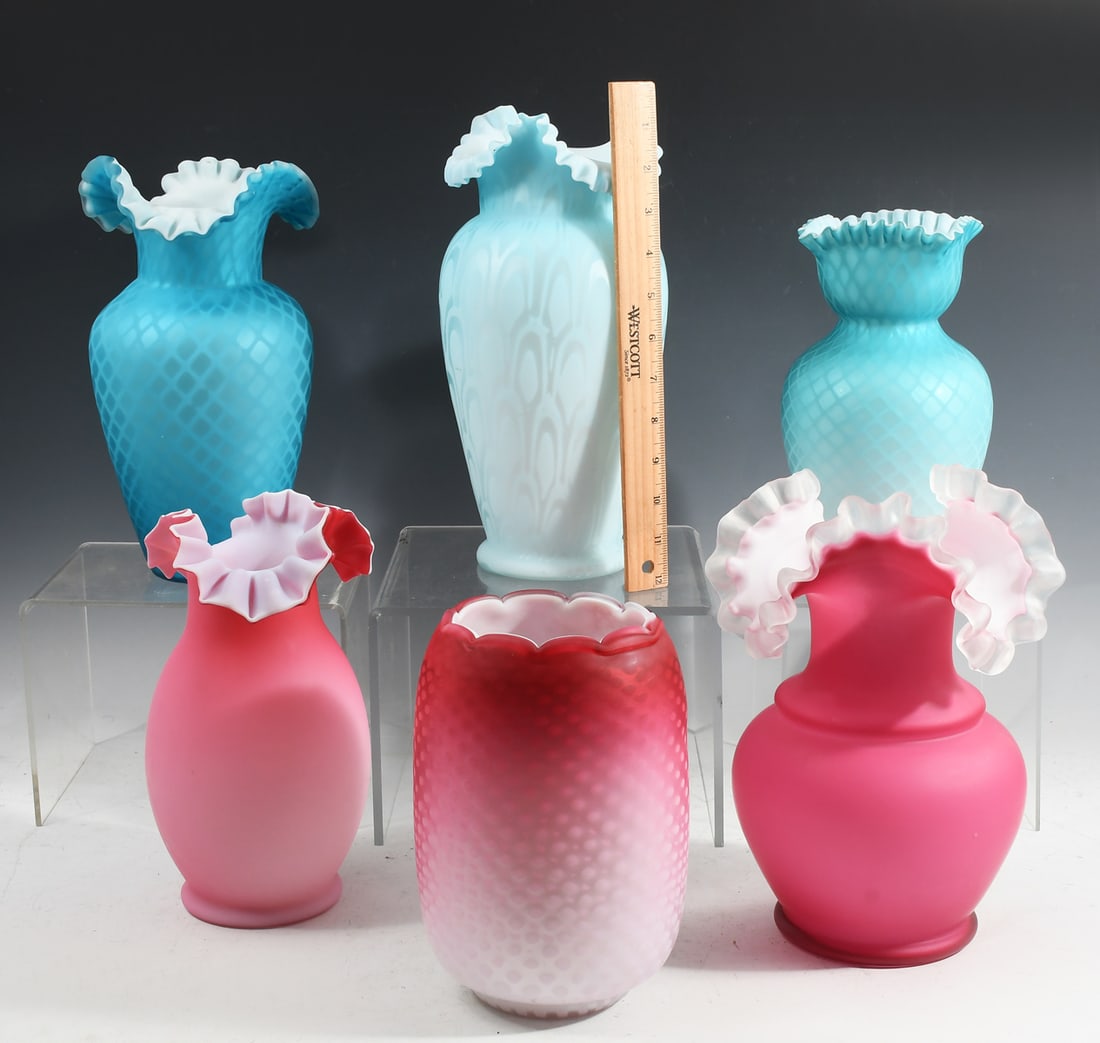 6 PC. SATIN GLASS & VICTORIAN DIAMOND QUILTED VASE: 6 PC. SATIN GLASS & VICTORIAN DIAMOND QUILTED VASES: