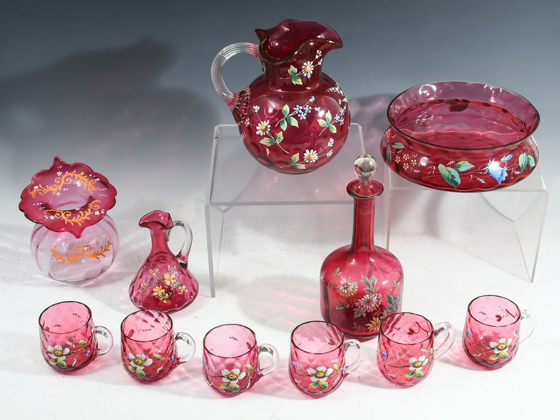 11 PC. CRANBERRY ENAMELED GLASS (1 of 6)
