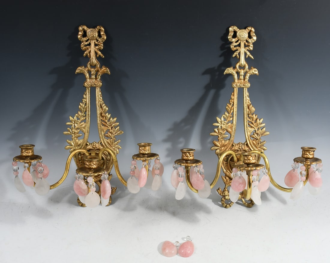 PAIR OF BRONZE FRENCH THREE LIGHT SCONCES (1 of 4)