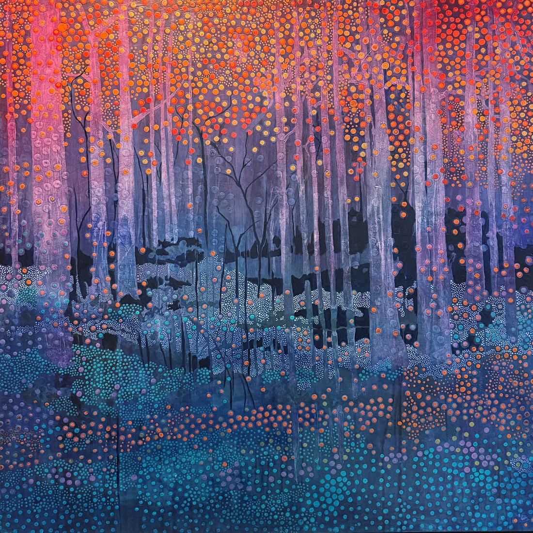 LARGE ENRIQUETA AHRENSBURG PAINTING: LARGE ENRIQUETA AHRENSBURG PAINTING: "Acuatico Bosque" from Serie de Puntos, Acrylic/Canvas, 58" x 58", framed, 63.5" x 63.5", monogramed lower right, signed and titled verso.