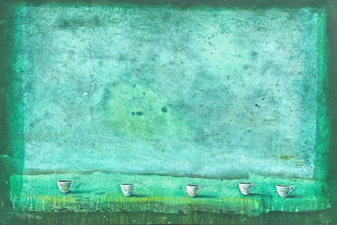 LARGE FELIX PERDOMO MODERN PAINTING: PERDOMO, Felix, (Venezuelan, 1959-): Stark Green Background with 4 Coffee Cups, Oil/Canvas, 57" x 84.75"signed lower left, signed and dated 2014 verso, framed, 61.25" x 89".