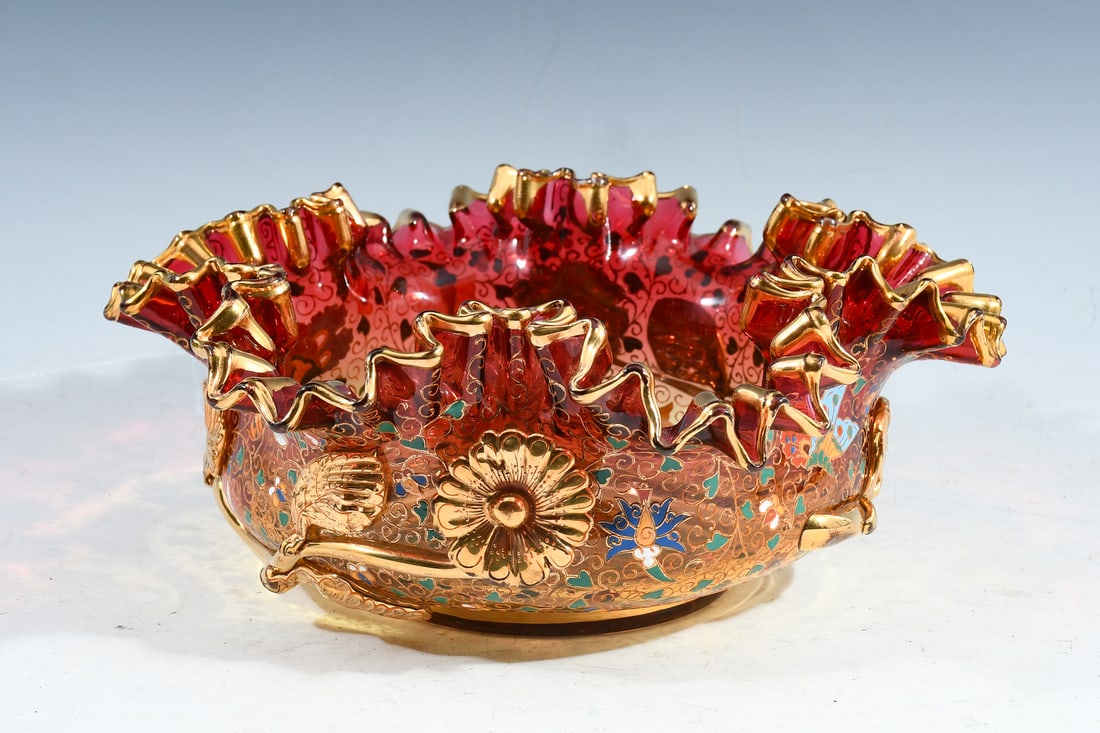 FINELY ENAMELED MOSER APPLIED GLASS BOWL: FINELY ENAMELED MOSER APPLIED GLASS BOWL: A Beautiful Moser Ruffled Bowl with applied gold branching Leaves and Flowers, decorated with colorful enameled insects and stylized Lotus design. All on a