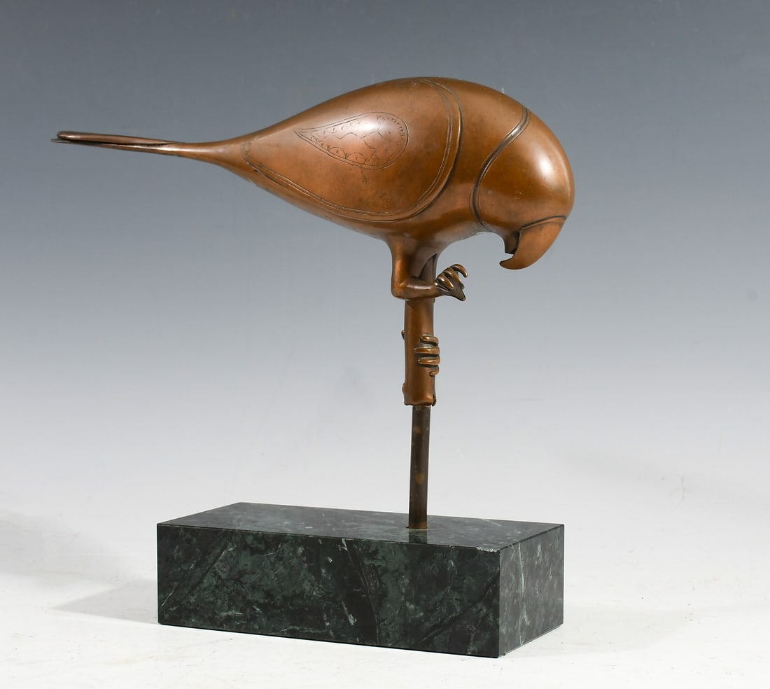 METROPOLITAN MUSEUM BRONZE PARROT FINIAL REPLICA: METROPOLITAN MUSEUM OF ART BRONZE PARROT FINIAL REPLICA SCULPTURE: Parrot Perched, Bronze, 10" in diameter, 9.375" in height with marble bock base. A replica of a finial depicting a perched parrot,