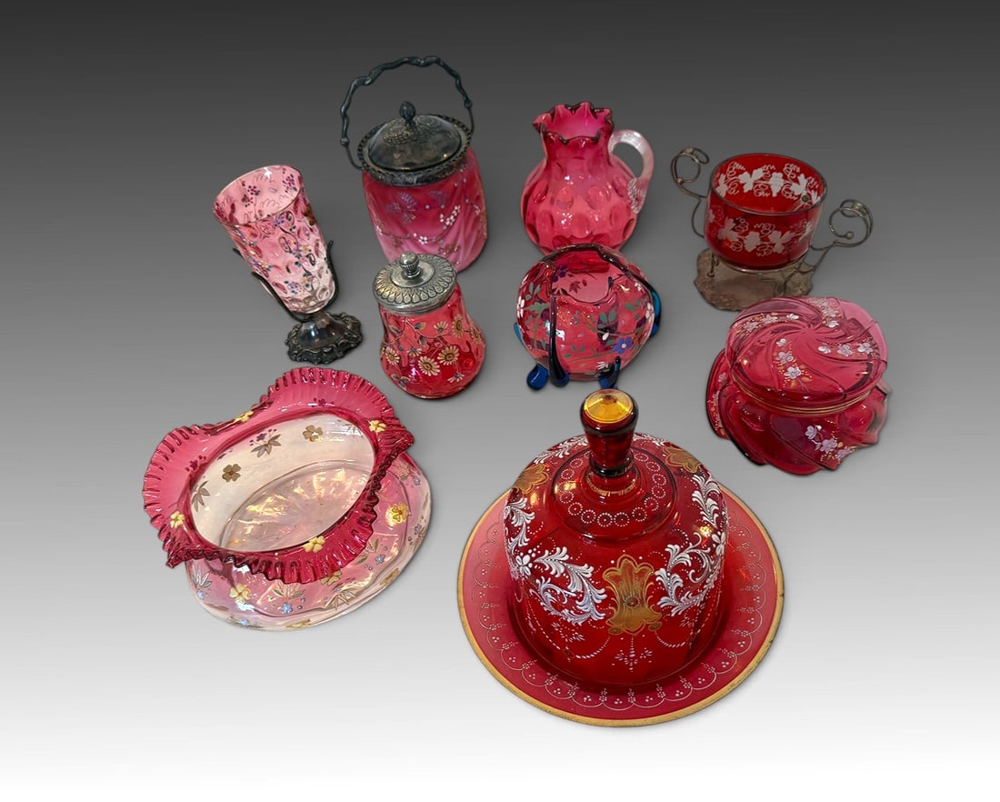 LOT OF ENAMALED CRANBERRY GLASS (1 of 1)