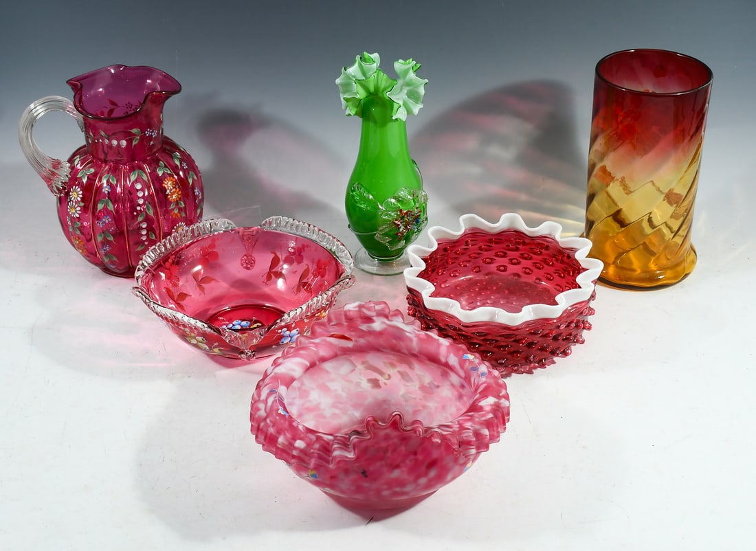 6 PC. VICTORIAN AND ENAMELED ART GLASS (1 of 5)