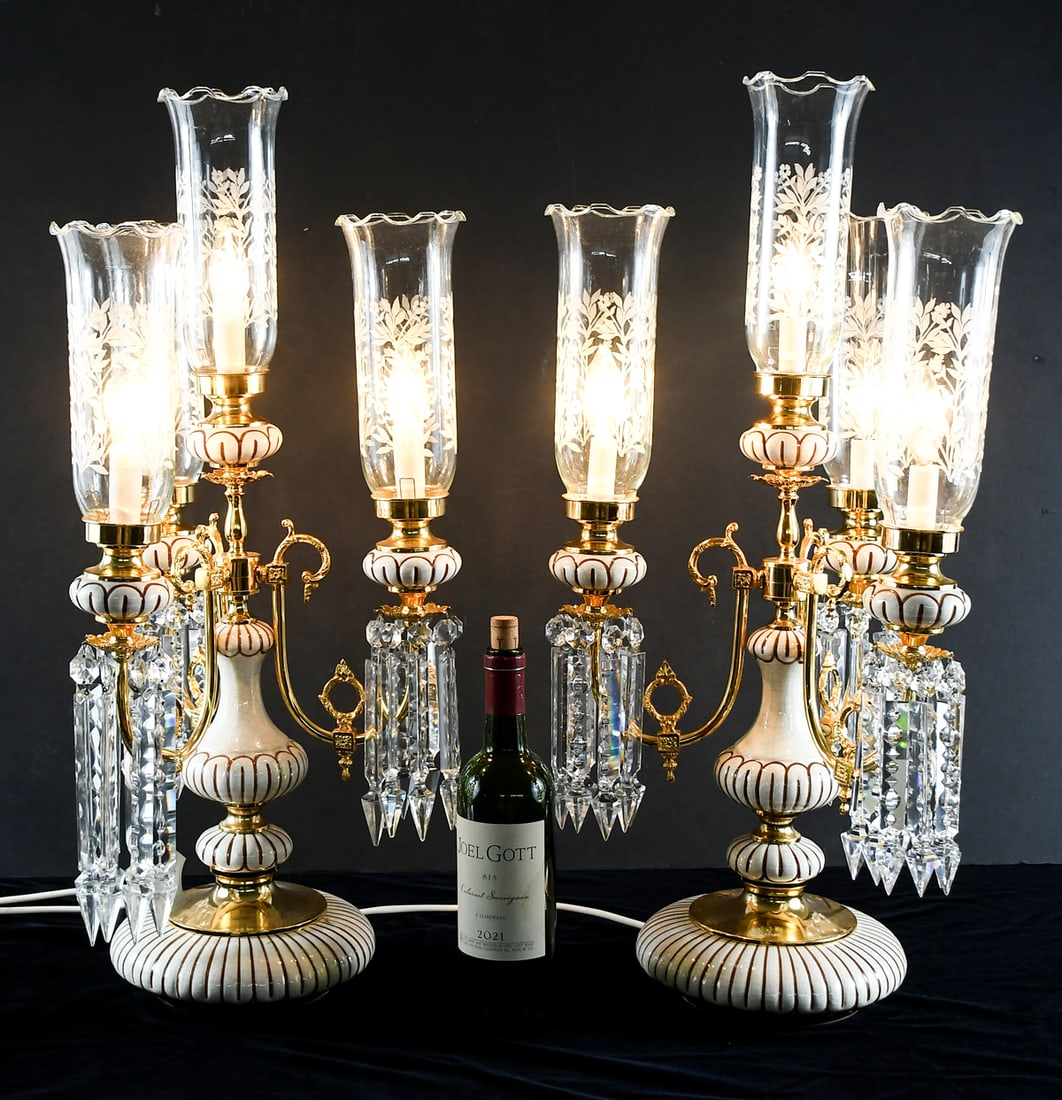 PR. ITALIAN 4- LIGHT LAMPS W/ ETCHED SHADES: PR. ITALIAN 4- LIGHT LAMPS W/ ETCHED SHADES & PRISMS: Pair of Hollywood Regency-style four-light plastic & brass candelabra table lamps. Adorned by spear form prisms, surmounted by etched floral shade
