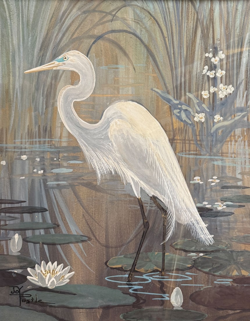 JOY POSTLE EGRET & POND LILY PAINTING: POSTLE, Joy, (American, 1896-1989): "American Eagle and Pond Lily", Watercolor, sight size 19.5" x 15.5", signed lower left, signed and titled verso, painted faux bamboo frame, 21.5" x 17.5". Postle i