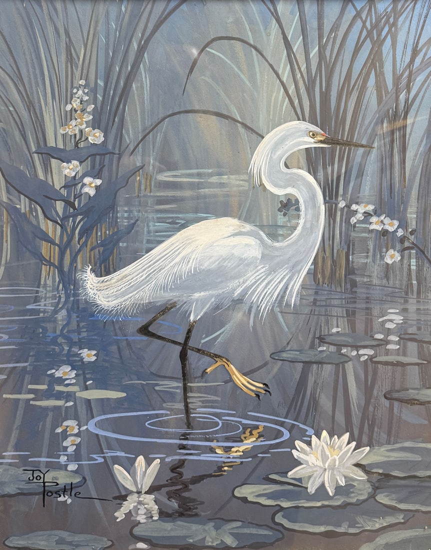 JOY POSTLE SNOWY EGRET PAINTING: POSTLE, Joy, (American, 1896-1989): "Snowy Egret and Pond Lily", Watercolor, sight size 19.5" x 15.5", signed lower left, signed and titled verso, painted faux bamboo frame, 21.5" x 17.5". Postle is k