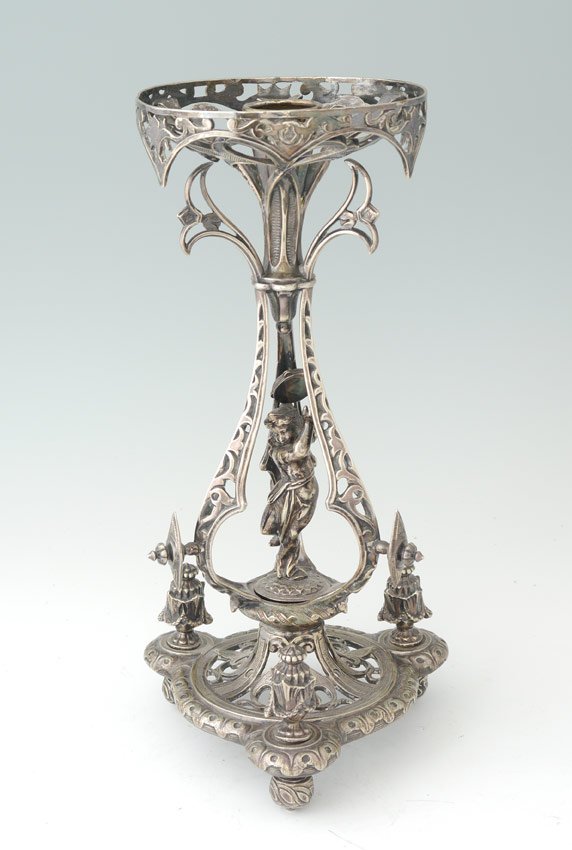 ENGLISH 19TH CENTURY FIGURAL CANDLESTICK LAMP: 19TH CENTURY ENGLISH SILVERPLATE FIGURAL CANDLESTICK LAMP: English registry mark for June 15th, 1863, holds single candle, center with figural maiden holding a tambourine. Pierced base on 3 feet. Over