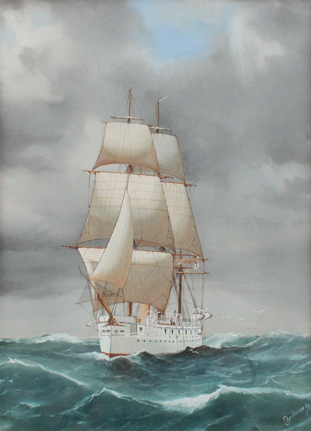 TOMMASO DE SIMONE CLIPPER SHIP PAINTING: DE SIMONE, Tommaso, (Italian, 1805-1888): Clipper Ship at Sea, Gouache, 16 1/2" x 12 3/8", signed lower right, dated '90, encased in a faux grain frame, measures 24" x 19 1/2".