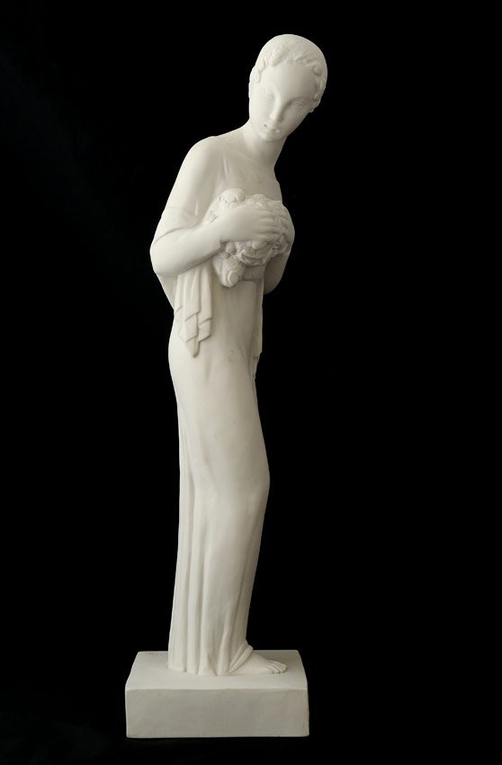 SEVRES WHITE PORCELAIN SCULPTURE AFTER PRIVAT: PRIVAT, Gilbert, (French, 1892-1970): Sevres porcelain figure after Privat's marble sculpture ''Vestal Aux Fleurs''. Incised artist signature, impressed Sevres marks. 20 3/8'' h. x 5 1/2'' x 5 1/4''.